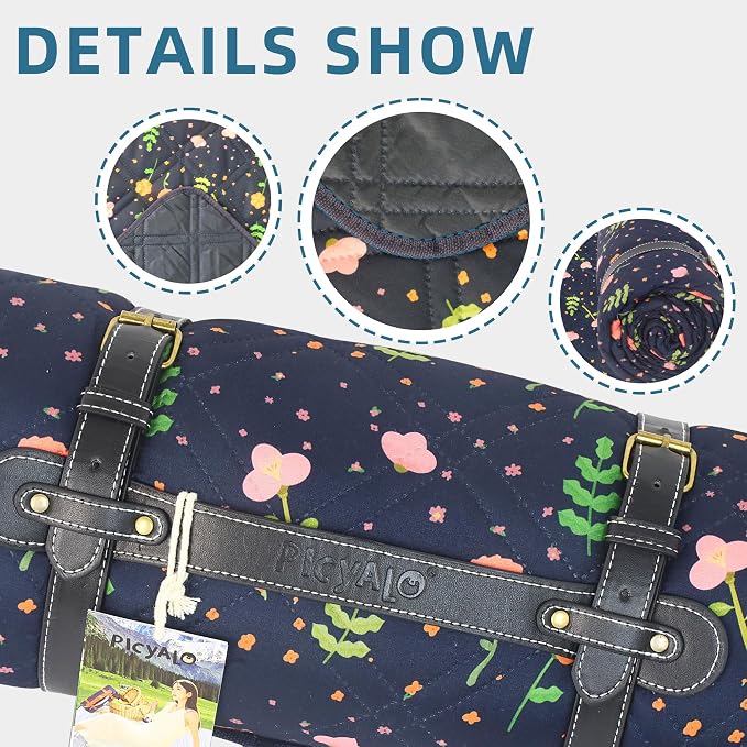 80x80” Double Thickened Picnic Blankets(150g High Density Cotton Stuffed) Navy Blue Floral Pattern Outdoor Picnic Mat Portable Picnic Blanket Foldable with Leather Carry Strap Beach Blanket