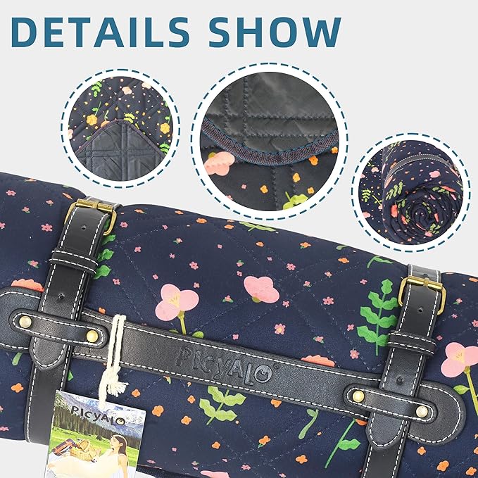 60x80” Double Thickened Picnic Blankets(150g High Density Cotton Stuffed) Navy Blue Floral Pattern Outdoor Picnic Mat Portable Picnic Blanket Foldable with Leather Carry Strap Beach Blanket