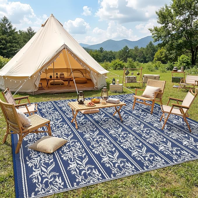 Garvee Outdoor Rugs 9x12 Waterproof Reversible Mat Boho Leaf Patio Rug with 4 Stakes and Starage Bag, Large Outdoor RV Mat Rugs for Camping, Picnic, Balcony, Deck, Backyard, Navy Blue & White