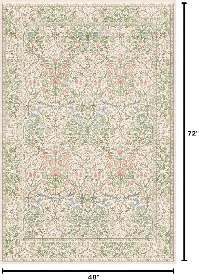 Beige Green 4x6 Washable Area Rug for Living Room, Large Entryway, Nursery, Bedroom, Kitchen, Ultra Soft Non Slip Stain Resistance, Floral Distressed Aethestic Design