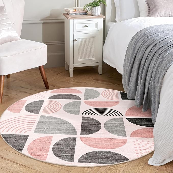 Round Rug 4ft Small Circle Area Rug Washable Non Slip Modern Abstract | Circular Rugs for Entryway Bedroom Kitchen Boho Throw Carpet Soft Low Pile Floor Indoor Bohemian Pink and Grey