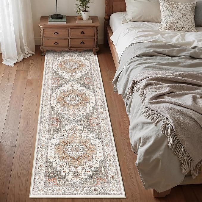 2x8 Vintage Runner Rug Low Pile Non-Slip Washable Kitchen Rug | Retro Distressed Print Rug Orange Gray Carpet Stain Resistant Non-Shedding Long Rug for Hallway Kitchen Bedroom Laundry Room