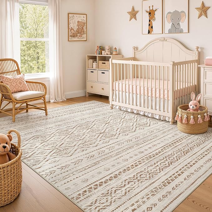 Nakagishi Area Rug Living Room Rugs: 6x9 Large Soft Machine Washable Boho Moroccan FarmNeutral Stain Resistant Indoor Floor Carpet for Bedroom Under Dining Table Home Office Decor-Brown