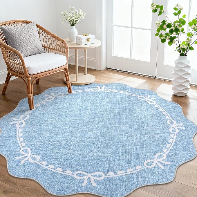 GarveeHome 4ft Round Rugs Washable Scalloped Bow Rug for Bedroom, Blue | Non Slip Soft Low Pile Ultra-Thin Stain Resistant Indoor Carpet for Living Room Nursery Girls Dorm Decor Kids Room Playroom