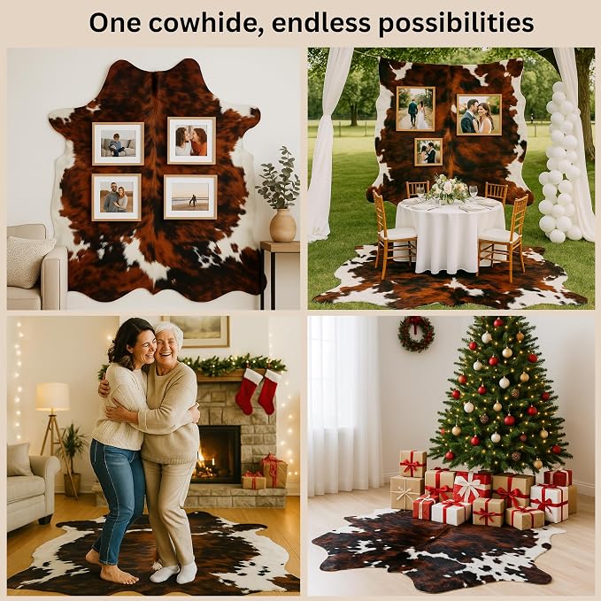 rodeo Genuine Cowhide Rug + Cowhide Cleaner- Real Cow Hide Rug Large for Living Room & Bedroom - Western Rugs for a Natural Western Home Decor - Rustic Cow Print Carpet Decor - 6x7 ft, Brown Brindle