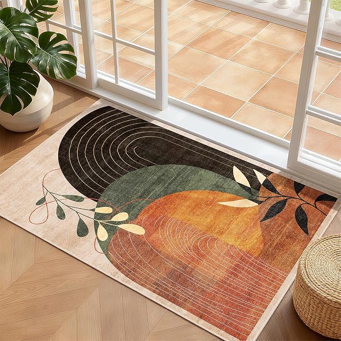 2x3 Washable Rug Small Area Rugs Non Slip Mid Century Modern | Throw Carpet for Bathroom Entryway Entry Entrance Bedroom Bedside Floor Indoor Boho Abstract Retro Terracotta Rust