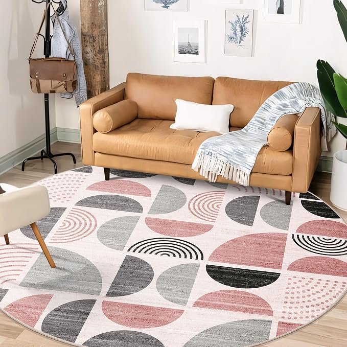 Round Rugs 6ft,Circle Area Rug Washable Non Slip Modern Abstract | Large Circular Rugs for Living Room Dining Room Boho Throw Carpet Soft Low Pile Floor Indoor Bohemian Pink and Grey