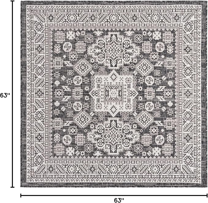 Unique Loom Outdoor Aztec Collection Area Rug - Chalca (5' 3" Square, Charcoal Gray/ Ivory)
