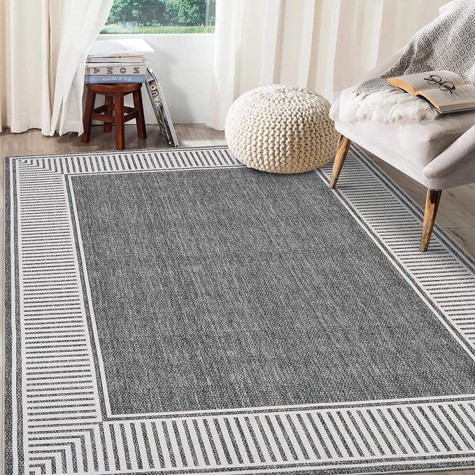 GarveeHome Washable Area Rug 10x13 Modern Bordered Large Living Room Rugs | Bedroom Throw Carpet with Rubber Backing Low Pile Stain Resistant Contemporary Rug for Dining Room Home Office, Grey