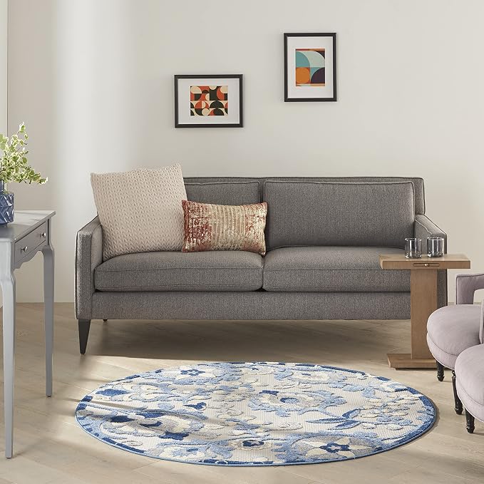 Nourison Home Aloha Blue Grey 5'3" x Round Area Rug - Easy Clean, Non Shedding, Bed Room, Living Room, Dining Room, Kitchen (5' x Round)