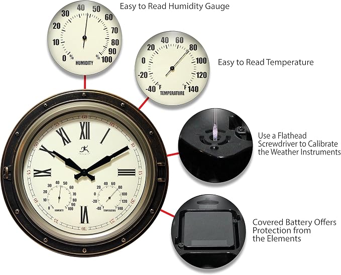 Infinity Instruments Forecaster Indoor/Outdoor Wall Clock, Thermometer, Hygrometer combo, Stylish Durable Waterproof Weather Station for your Home, 16 Inch, Bronze