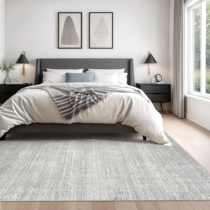 Valenrug 9x12 Area Rug Non Slip, Large Washable Rugs for Living Room Grey | Soft Low Pile, Thin & Lighweight Carpet, Folable Stain Resistant Modern Indoor Floor Mat for Bedroom, Dining Room, Home Decor