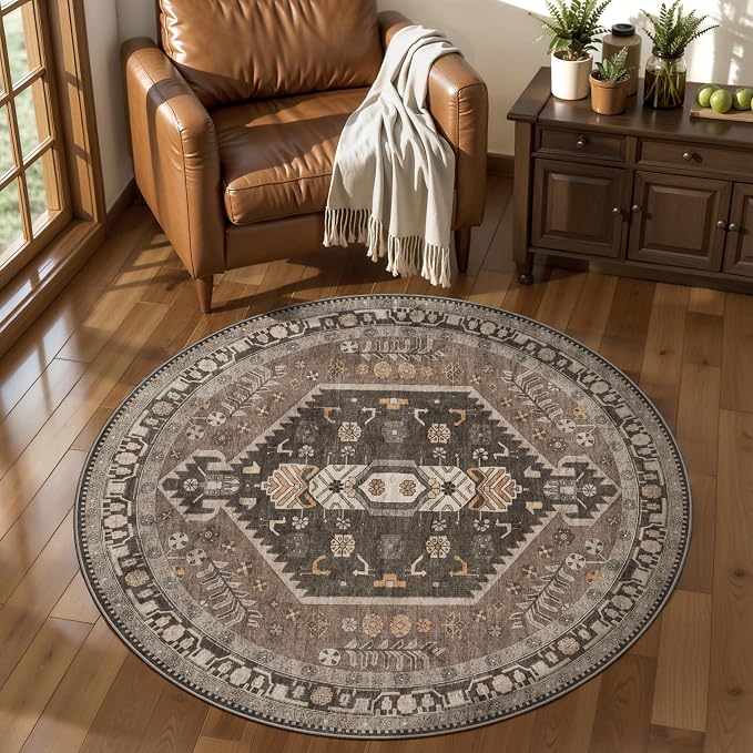 Ciicool 3ft Round Small Area Rug for Entryway,Circle Mat for Dining Room | Washable Soft Non-Slip Low-Pile Oriental Indoor Mat Boho Entry Hazel Carpet for Entryway Bedside Laundry Bathroom