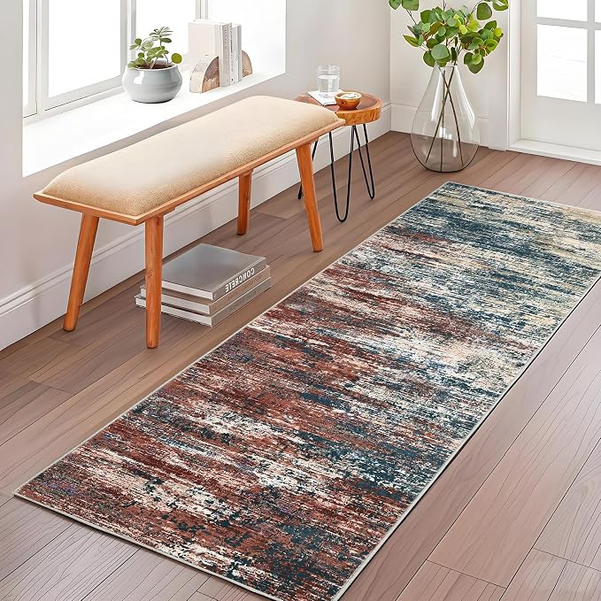 ROYHOME Washable Runner Rug 2x6 Modern Abstract Kitchen Rugs, Red Multi | Non Slip Bathroom Rug, Low Pile Laundry Room Soft Long Carpet for Hallway Bedroom Entryway