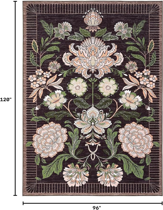 GarveeHome Plum Pink Floral Botanical Washable 8x10 Area Rug for Living Room Soft Black Purple Vintage Boho Cottage Large Rugs Low Pile Carpet for Bedroom Dining Nursery Rug