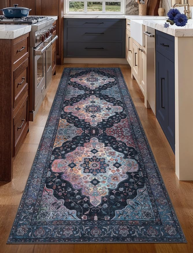Tangsoo 2.6x8 Washable Hallway Runner Rugs, Non Slip Vintage Runners Rug | Oriental Soft Low Pile Long Runner Rug, Boho Carpet Runners for Hallway Kitchen Bedroom Entryway Bathroom Navy/Multi Decor