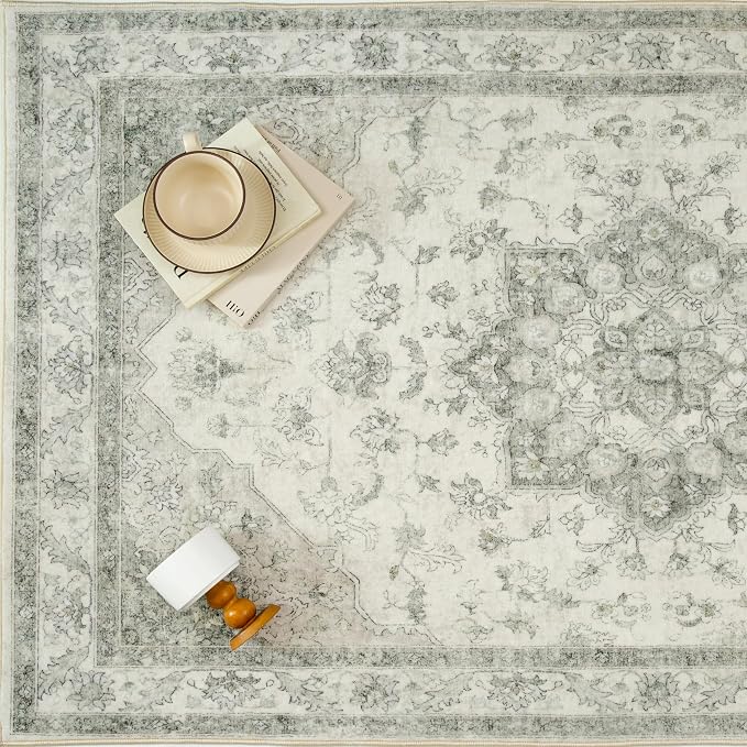 Green 5x7 Washable Area Rug Living Room Vintage Oriental Carpet | Soft Low Pile, Non Slip, Stain Resistant, Floral Medallion, Neutral Retro Decor for Bedroom, Dining Room, Kids Room, Office