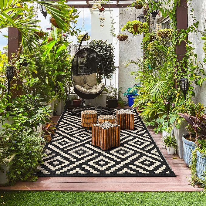 GENIMO Outdoor Rug for Patio Clearance,9'x12' Waterproof Large Mat,Reversible Plastic Camping Rugs,Rv,Porch,Deck,Camper,Balcony,Backyard (Black & Beige)