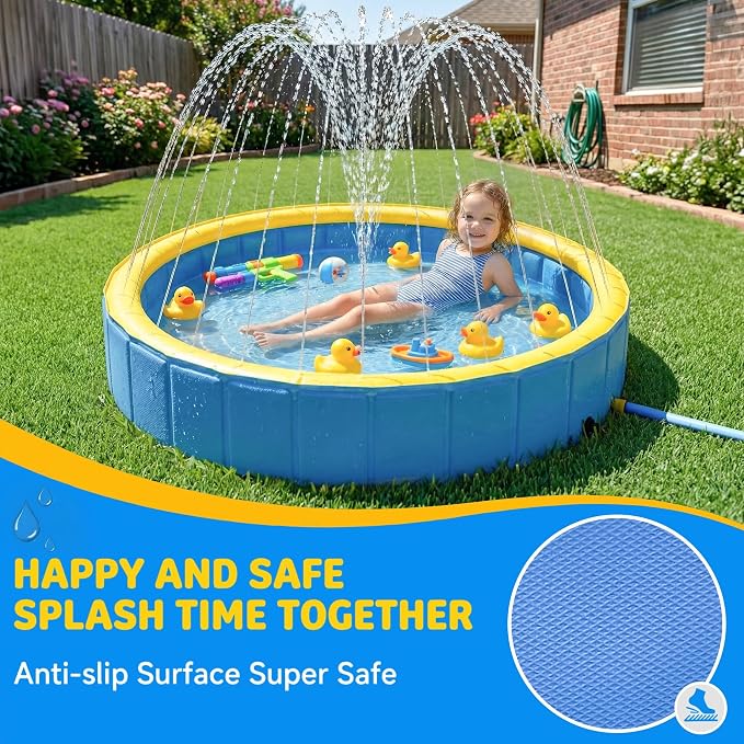 Foldable Dog Pool with Sprinkler, Ideal Splash Pool Swimming Pools | Large 63” Dog Pool, Splash Pad, Hard Plastic, Non Slip, Portable Dog Swimming Pool for Outdoor Backyard