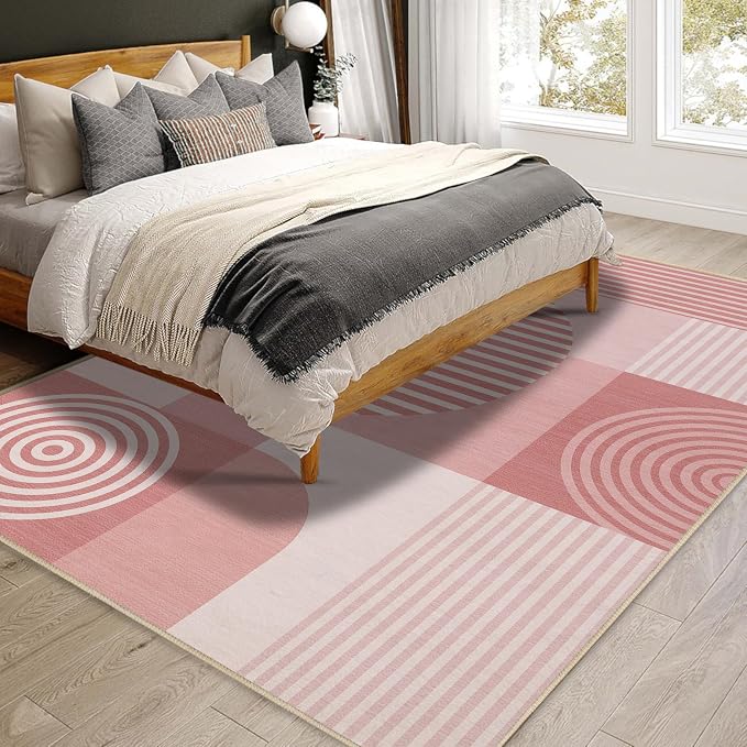 Pink Geometric Area Rug 4x6 for Living Room Rug Machine Washable Minimalist Line Mid Century Modern Rugs Non Slip Low Pile Indoor Floor Carpet for Bedroom Dining Room Laundry Office,Pink