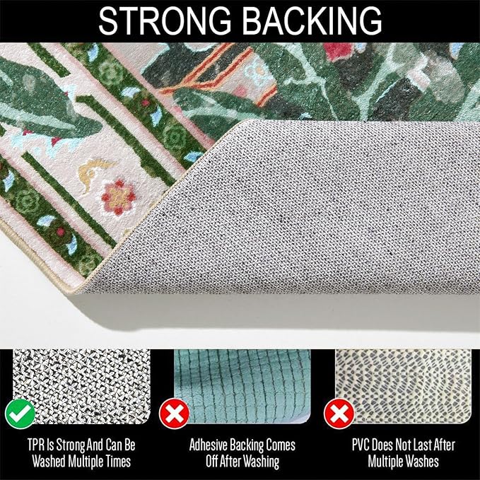Oriental Tropical Entryway Rugs Washable, Greyish Green Boho Vintage Distressed Hippie 2x3 Throw Rugs for Bathroom Kitchen Entryway Indoor Non-Slip Abstract Botanical Tribal Accent Carpet