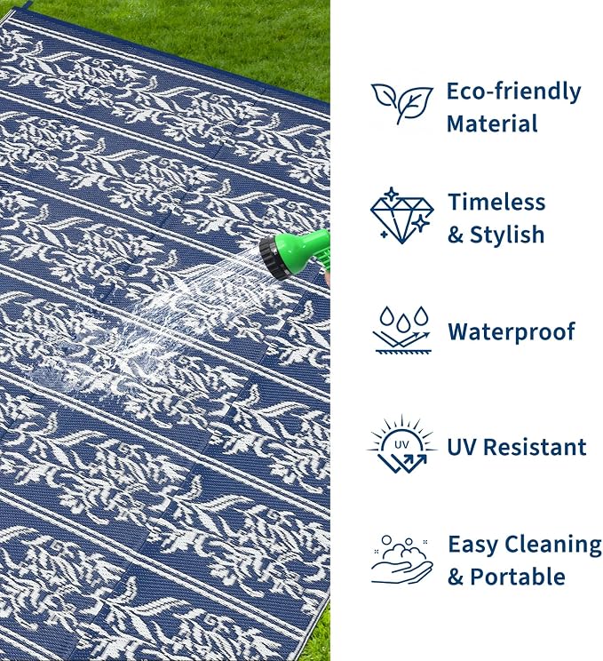 Garvee Outdoor Rugs 9x18 Waterproof Reversible Mat Boho Leaf Patio Rug with 4 Stakes and Starage Bag, Large Outdoor RV Mat Rugs for Camping, Picnic, Balcony, Deck, Backyard, Navy Blue & White