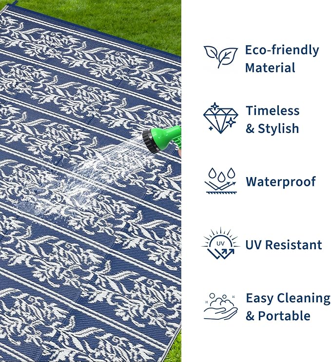Garvee Outdoor Rugs 5x8 Waterproof Reversible Mat Boho Leaf Patio Rug with 4 Stakes and Starage Bag, Large Outdoor RV Mat Rugs for Camping, Picnic, Balcony, Deck, Backyard, Navy Blue & White