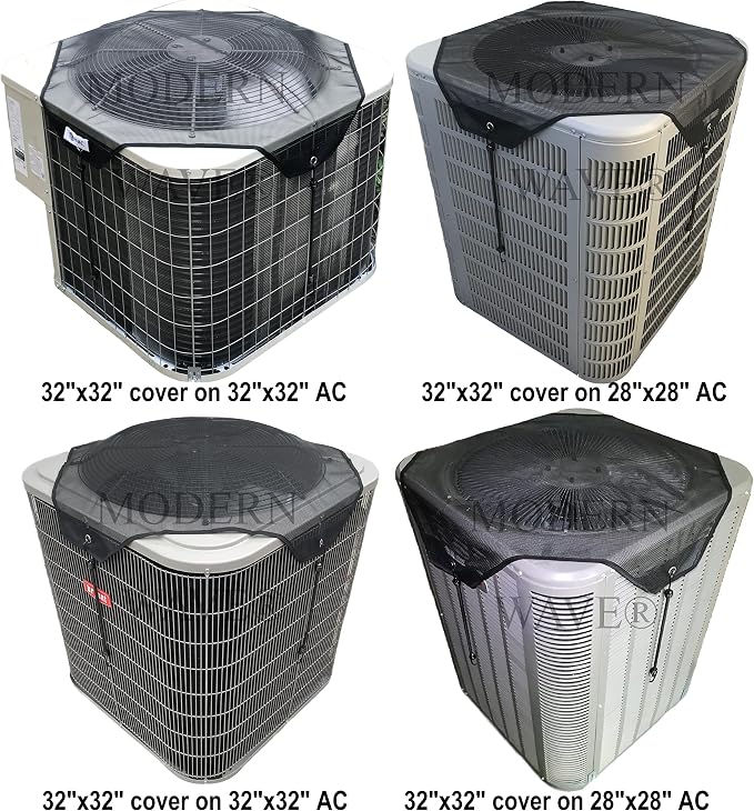 MODERN WAVE - 2 (Two) Central Air Conditioner Covers for Outside Units 32 x 32 inch - 1 (One) Top Universal Mesh Cover and 1 (One) Winter Waterproof Outdoor AC Defender Cover (Black, 32" x 32")