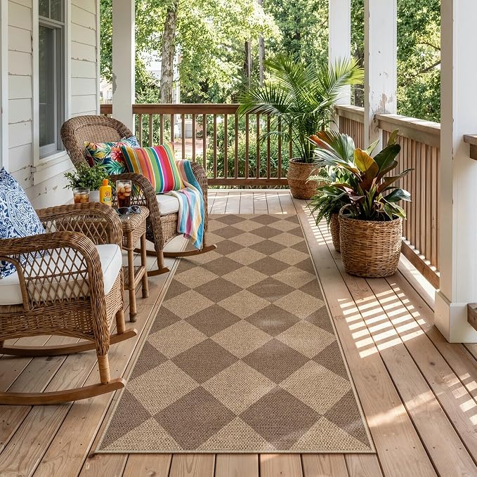 Lahome Colette Checkered Easy Jute Runner Rug, 2x6 Kitchen Mats for Floor Non Slip Washable Entryway Runner, Checkerboard Nature Indoor Outdoor Carpet for Hallway 6ft Entry