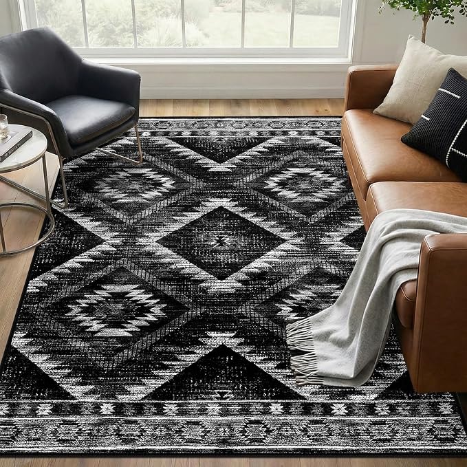 5'x7' Washable Area Rug for Living Room Bedroom Black | Soft Western No Slip Low Pile Print Foldable Indoor for Kitchen Dining Room