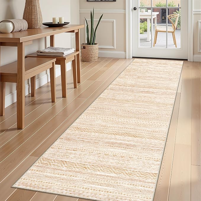 Miukiki Hallway 2x8 Runner Rug Washable Non Slip Kitchen Rug Beige | Soft Low Pile Long Floor Runner for Entryway Bedroom Laundry Room, Indoor Foldable Carpet with Rubber Backing 2'x8'