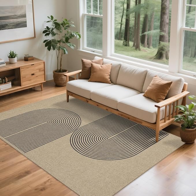 Easy Jute Rug 5x7 Outdoor: Natural Area Rugs for Patio Linen-Look Fabric Durable - Washable Carpet for Living Room Bedroom - Black Stripes