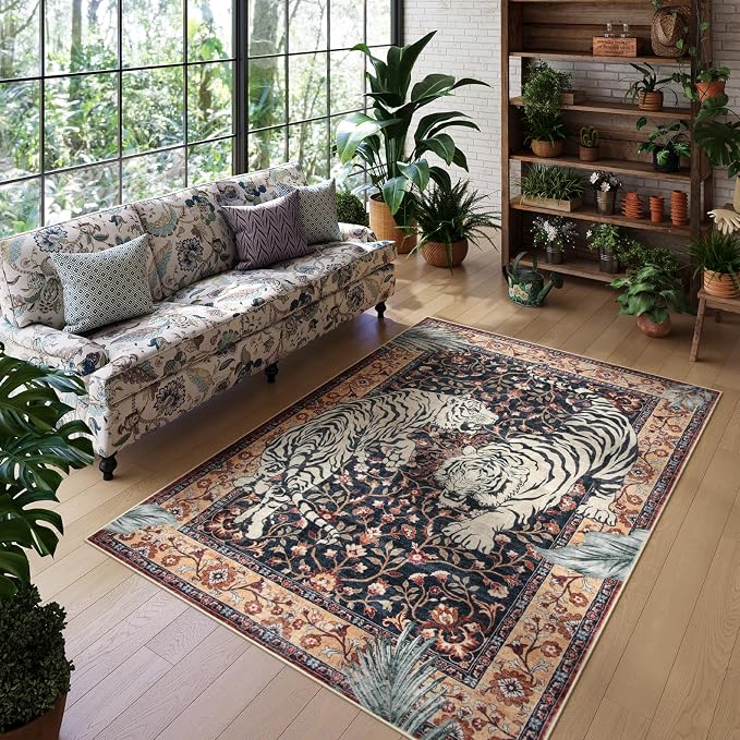 Moynesa Tiger Washable Area Rugs for Living Room, 5x7 Vintage Soft Rug for Bedroom, Non Slip Boho Ultra Thin Large Stain Resistant Throw Rug for Dining Guest Room, Puce Red
