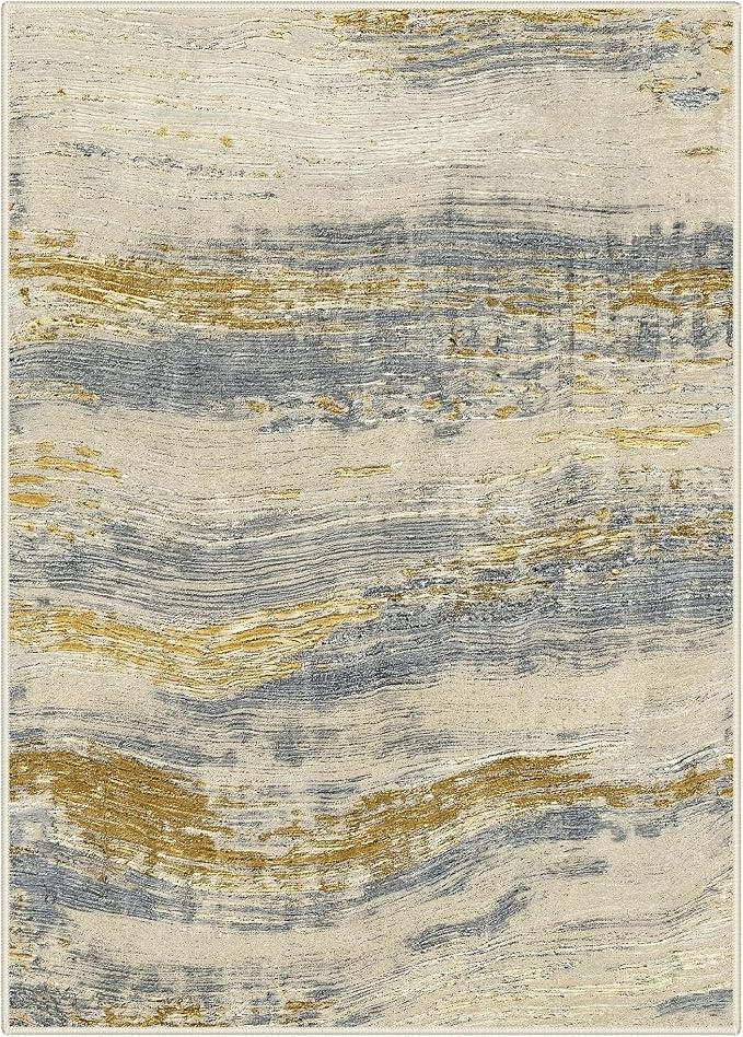 BEIMO 9x12 Washable Area Rug for Living Room, Wave Abstract Golden Beige | Soft Machine Washable Modern Rug,Streaks Pattern Non Slip Indoor Carpet for Dining Room Playroom Bedroom Office