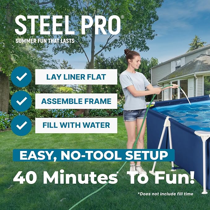 Bestway Steel Pro 9.8' x 6.6' x 26" Above Ground Pool, Rectangular Metal Frame Outdoor Swimming Pool Set with Filter Pump & Type I Cartridge, Blue