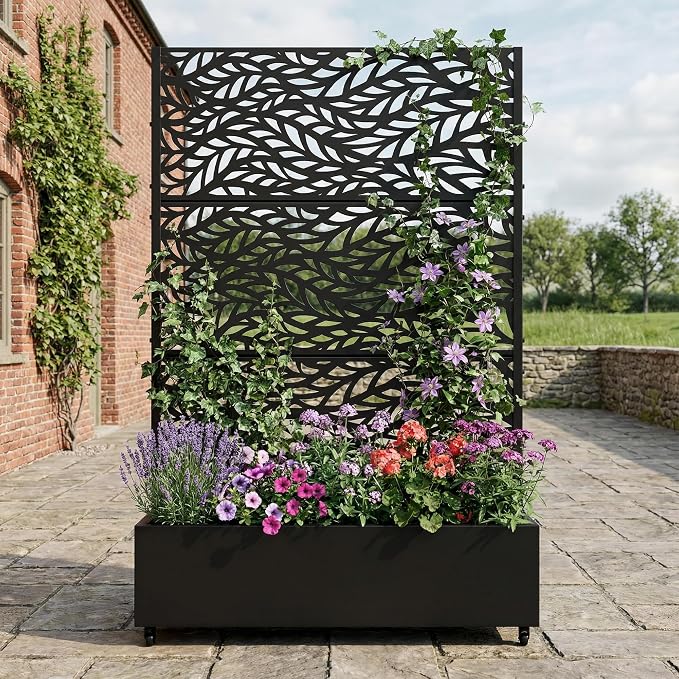 Casaphoria Metal Raised Garden Bed with Trellis and Wheels, 72"x47"x16" Planter Box for Climbing Plants, Vegetables & Vines, Features Drainage Holes and Privacy Screen (Black-Spring)