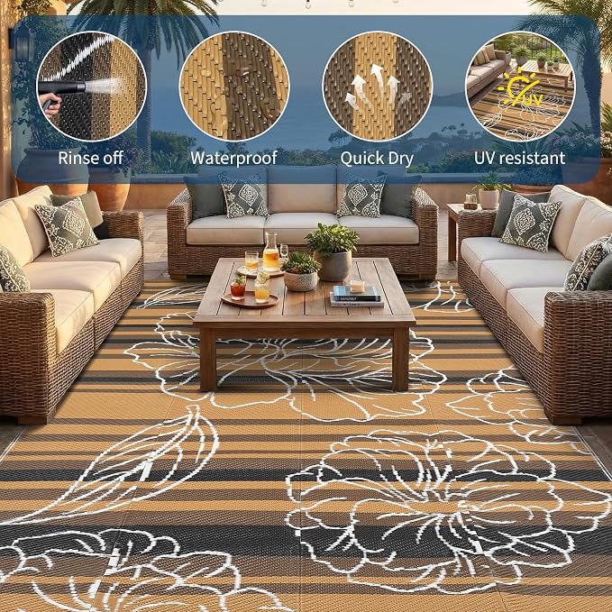 Garvee 9x12 Outdoor Waterproof Rug, Floral Outdoor Area Rug，Reversible Plastic Straw Patio Rug, Portable Camping Mat for RV, Picnic, Beach, Balcony, Garden & Camping Black&Brown