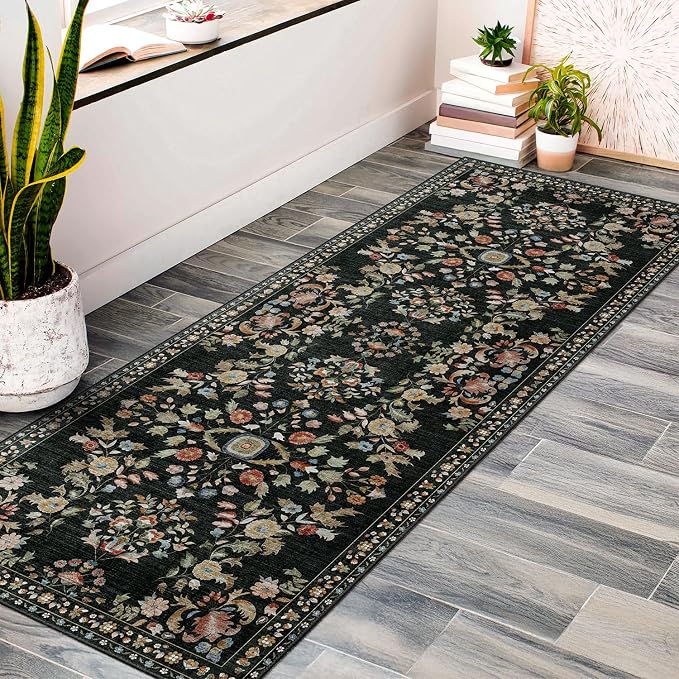 Washable Runner Rug 2x6 Area Rug Non Slip Ultra-Thin Floral | Long Throw Carpet for Hallway Kitchen Bedroom Bedside Laundry Room Floor Indoor Low Pile Botanical Boho Vintage Black