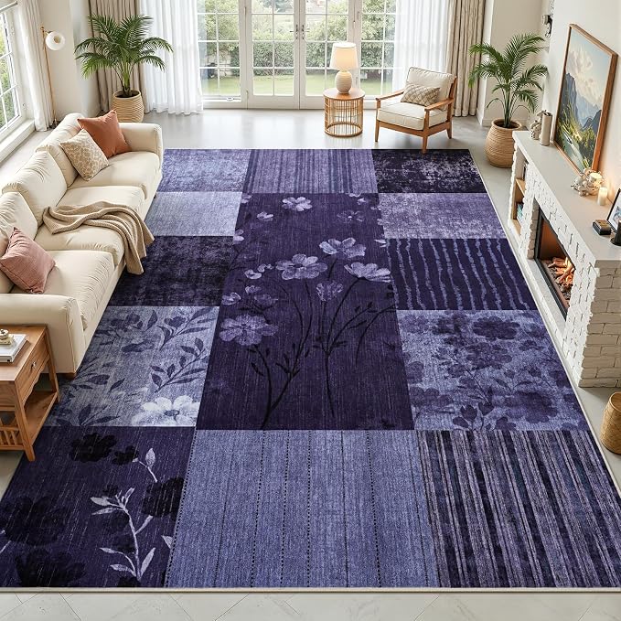 DweIke Floral Rugs for Living Room, 6x9 Washable Area Rug for Dining Room Farmhouse Office Bedroom Decor, Geometric Patchwork Stain Resistant Low Pile Indoor Floor Throw Rugs, Purple