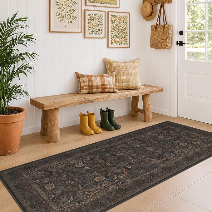 Washable 3x6 Wide Kitchen Entryway Runner Rug Non Slip - Dark Brown Vintage Floral Hallway Rugs, Farmhouse Low Pile Runner for Bedroom, Laundry Room, Bathroom, Kitchen Soft Stain Resistant Carpet