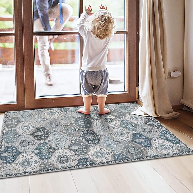 Lahome Moroccan Trellis Small Area Rug, 2x4 Rugs for Entryway Non-Slip Vintage Ultra-Thin Washable Indoor Door Mat Distressed Throw Carpet for Bathroom Kitchen Bedroom Elise, Blue