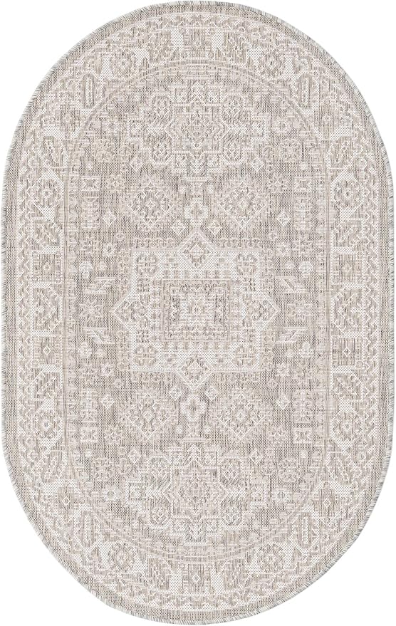 Unique Loom Outdoor Aztec Collection Area Rug - Chalca (3' 3" x 5' 3" Oval, Light Gray/ Ivory)