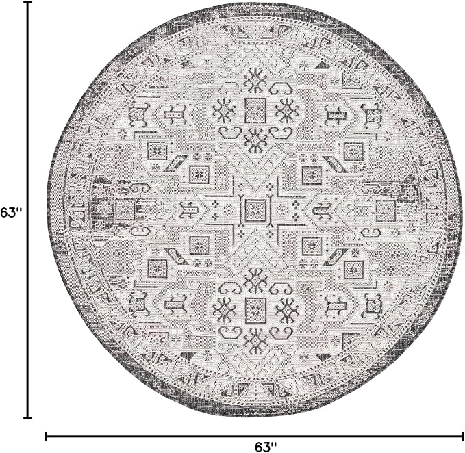 Unique Loom Outdoor Aztec Collection Area Rug - Coba (5' 3" Round, Charcoal Gray/ Ivory)