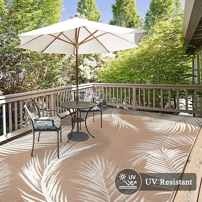Pauwer Waterproof Outdoor Rug 9x12, Reversible Plastic Straw Patio Camping Rug, Indoor Outdoor RV Mat Carpet for Deck, Camper, Porch, Balcony, Backyard, Picnic, Leaf Brown