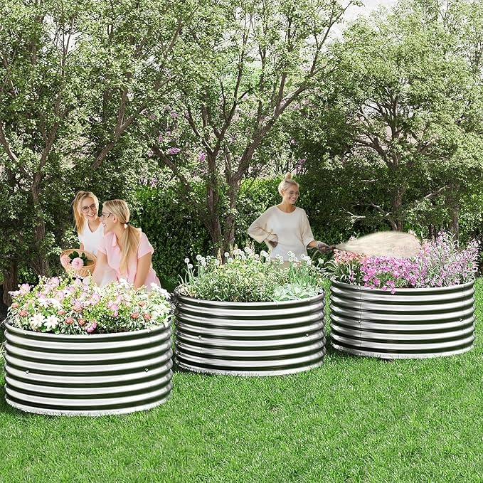 4 Pack Tall 2x2x1.5FT Round Corrugated Galvanized Steel Raised Garden Bed Outdoor, Metal Above Ground Garden Bed for Vegetables and Flowers, Raised Beds for Gardening