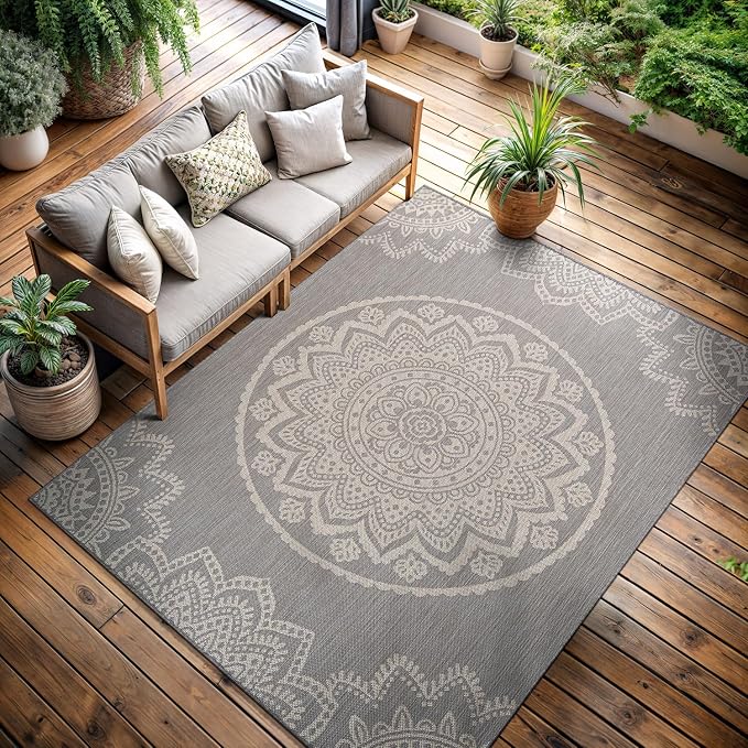 CAMILSON Outdoor Rug 9x12 Modern Area Rugs for Large Indoor and Outdoor Patios and Porches - Waterproof Washable Non-Shedding Easy-to-Clean Outside Carpet (9 x 12, Medallion - Grey/White)