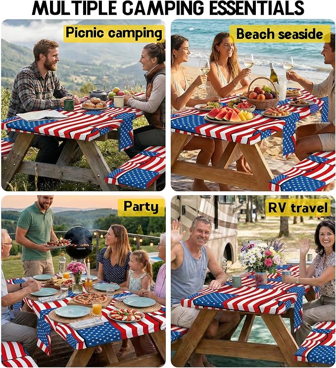 Picnic Table Cover with Bench Covers Waterproof Rectangle Tablecloth Camping Essentials Supplies Rv Travel Must Haves Gear Accessories Fitted Table Cloth Outdoor Road Trip Camper Gifts American Flag