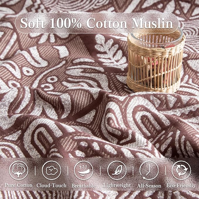 Phuryllic Boho Throw Blanket Twin Size, Soft Cozy Cotton Muslin Quilt Blanket for Bed Decor, Patchwork Block Couch Sofa Chair Cover, Vintage Farmhouse Cottage Tapestry Woven Blanket, Brown&White