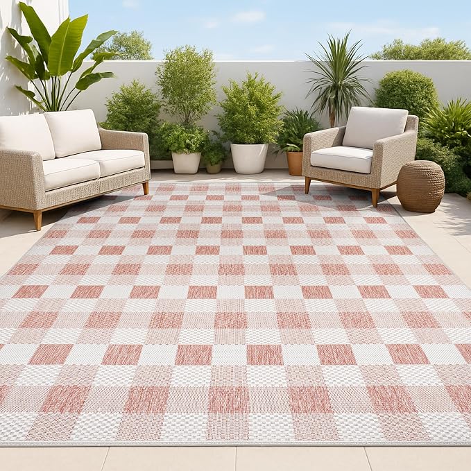 JONATHAN Y Geometric Bold Gingham Indoor Outdoor Area Rug 8X10 Salmon/Cream, Darcy Traditional for Backyard, Patio, Porch, Easy-Cleaning, High Traffic, Pet-Friendly, Non-Shedding (TSN201B-8)