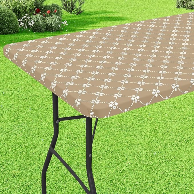 misaya Rectangle Vinyl Table Cloth, Elastic Fitted Tablecloth with Flannel Backing, Waterproof Plastic Table Cover Fits 6 Foot Folding Tables for Picnic, Camping, Indoor and Outdoor (Khaki, 30" x 72")